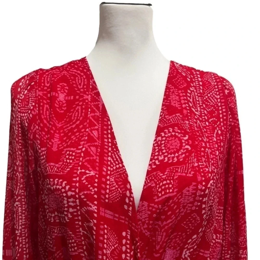Free People Blouse. Red Sheer Asymmetrical Bell Sleeve. Medium. - Picture 3 of 9